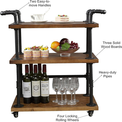 Industrial Pipe Bar Carts/Serving Carts/Kitchen Carts/Wine Rack Carts on Wheels with Shelves - Wood