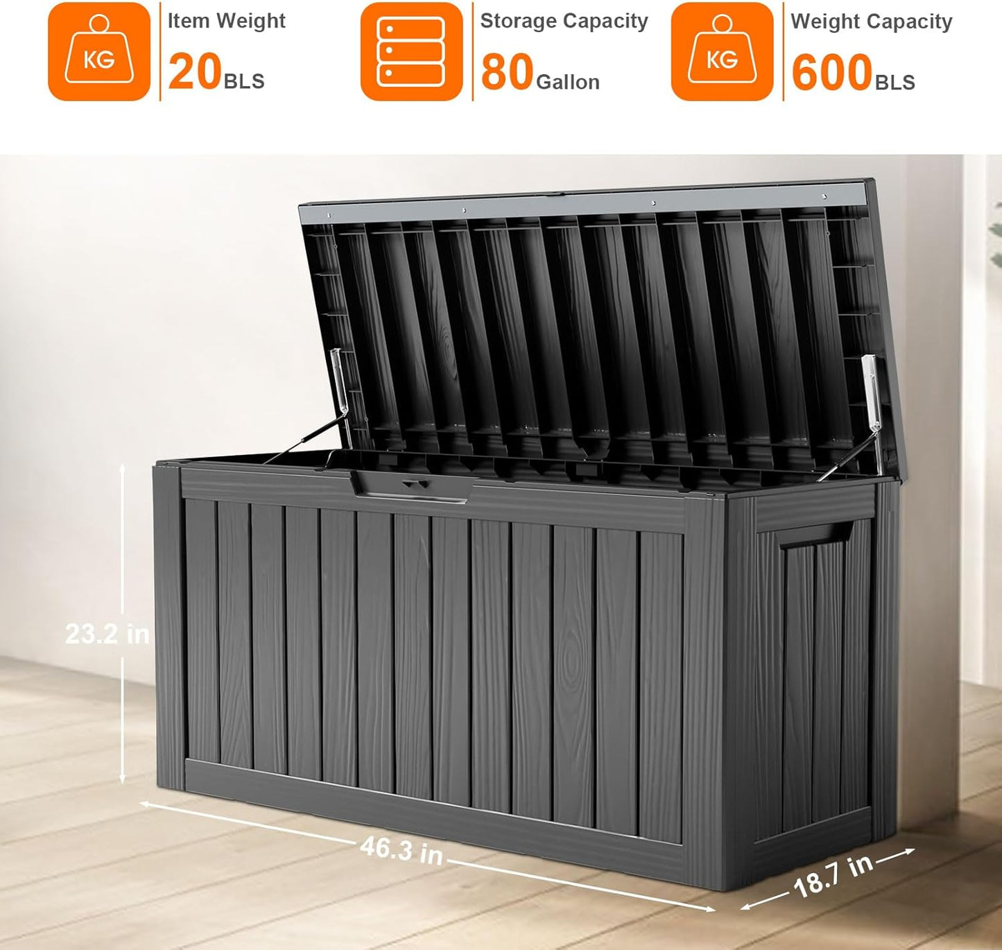 80 Gallon Resin Deck Box, Lockable Patio Outdoor Storage Box for Furniture, Garden Tools and Tools
