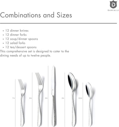 Hammered Silverware Set | Premium 18/10 Stainless Steel Flatware Service for 12 | Heavy-Duty &