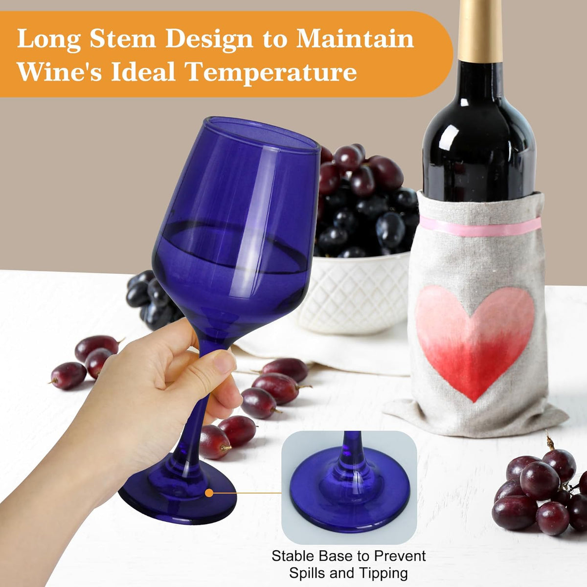 Purple Wine Glasses Set of 6-14oz Long Stem Wine Glass, Pretty Crystal Glassware, Hand Blown