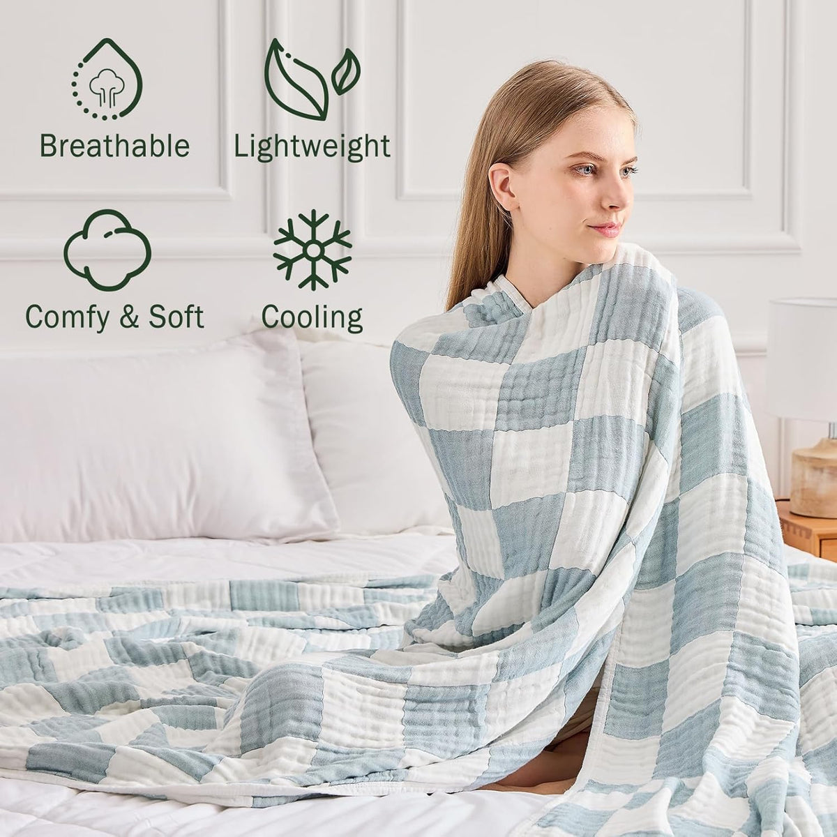EMME Checkered Throw Blanket Cotton for Couch Soft Muslin Bamboo Blankets 50"x60" Lightweight