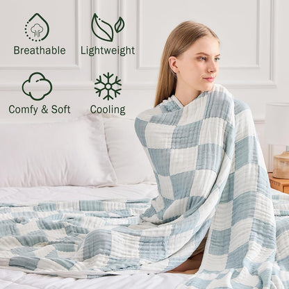 EMME Checkered Throw Blanket Cotton for Couch Soft Muslin Bamboo Blankets 50"x60" Lightweight