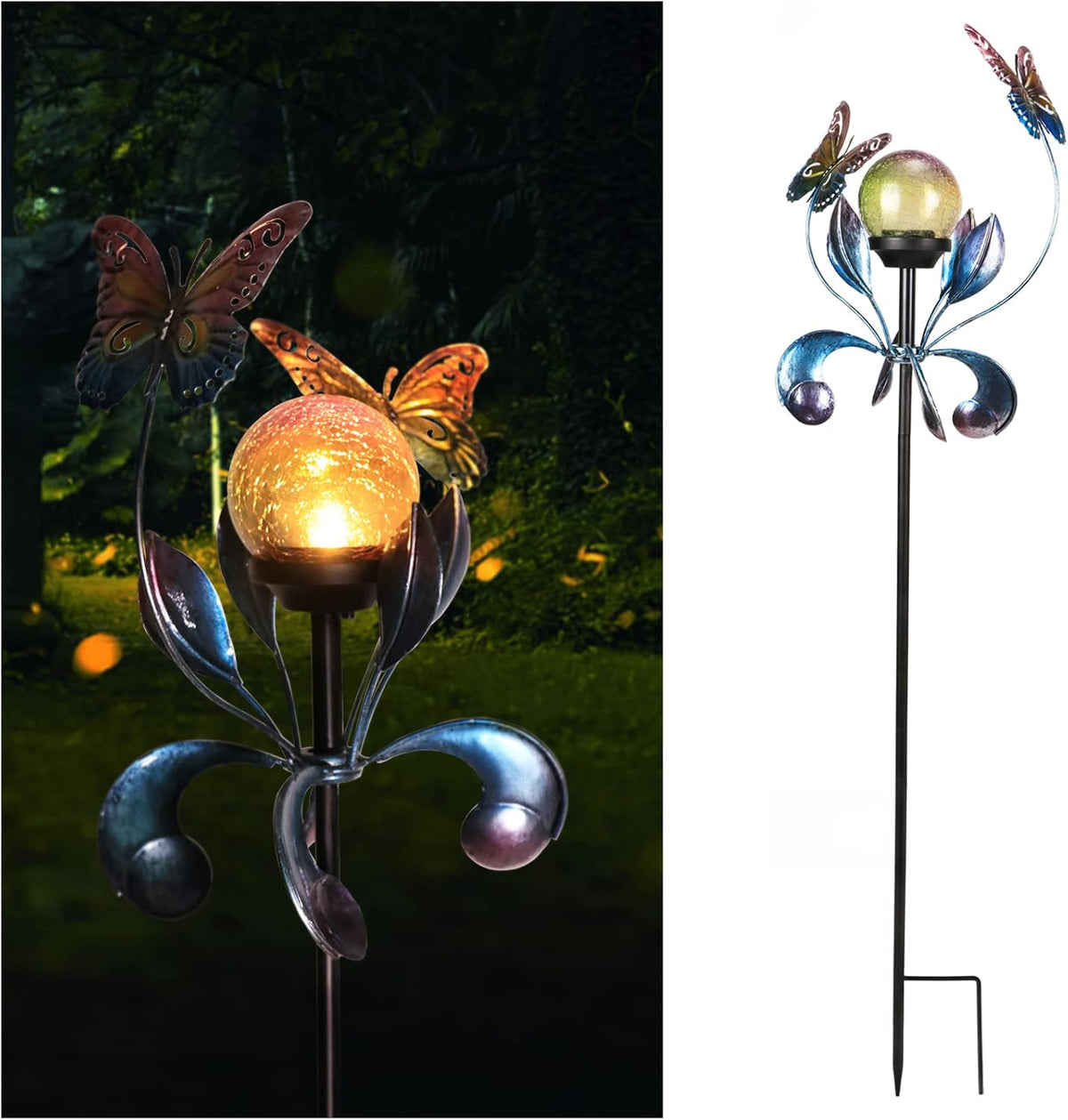 VCUTEKA Solar Lights Outdoor Metal Garden Stake Waterproof Crackle Glass Globe Garden Decor