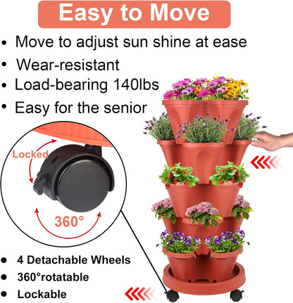DUNCHATY Stackable Planters 5 Tier Vertical Garden Planting Tower Planters Strawberry, Herb