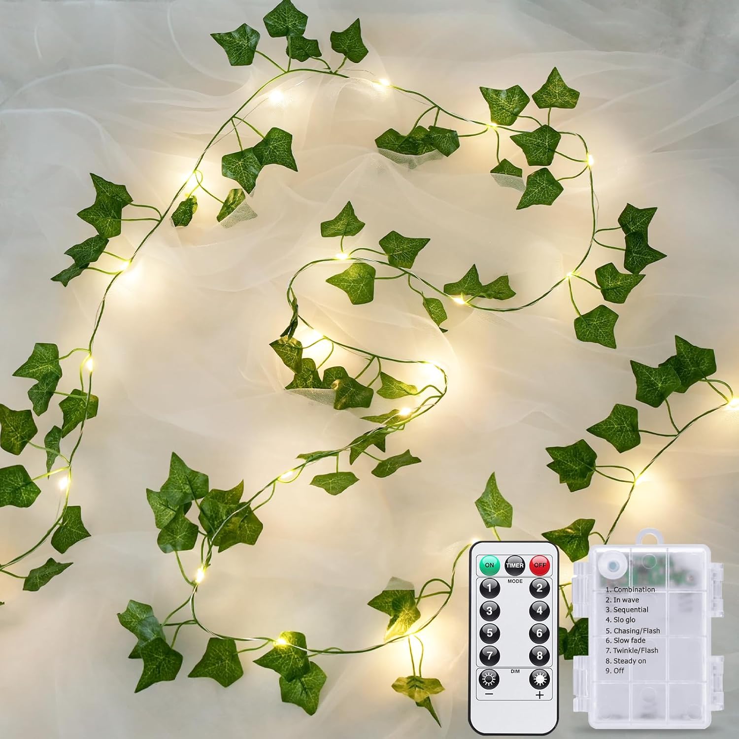 JMEXSUSS 33Ft Vines with Lights Battery Operated, 100 LED Ivy Vines with Fairy Lights Leaf with