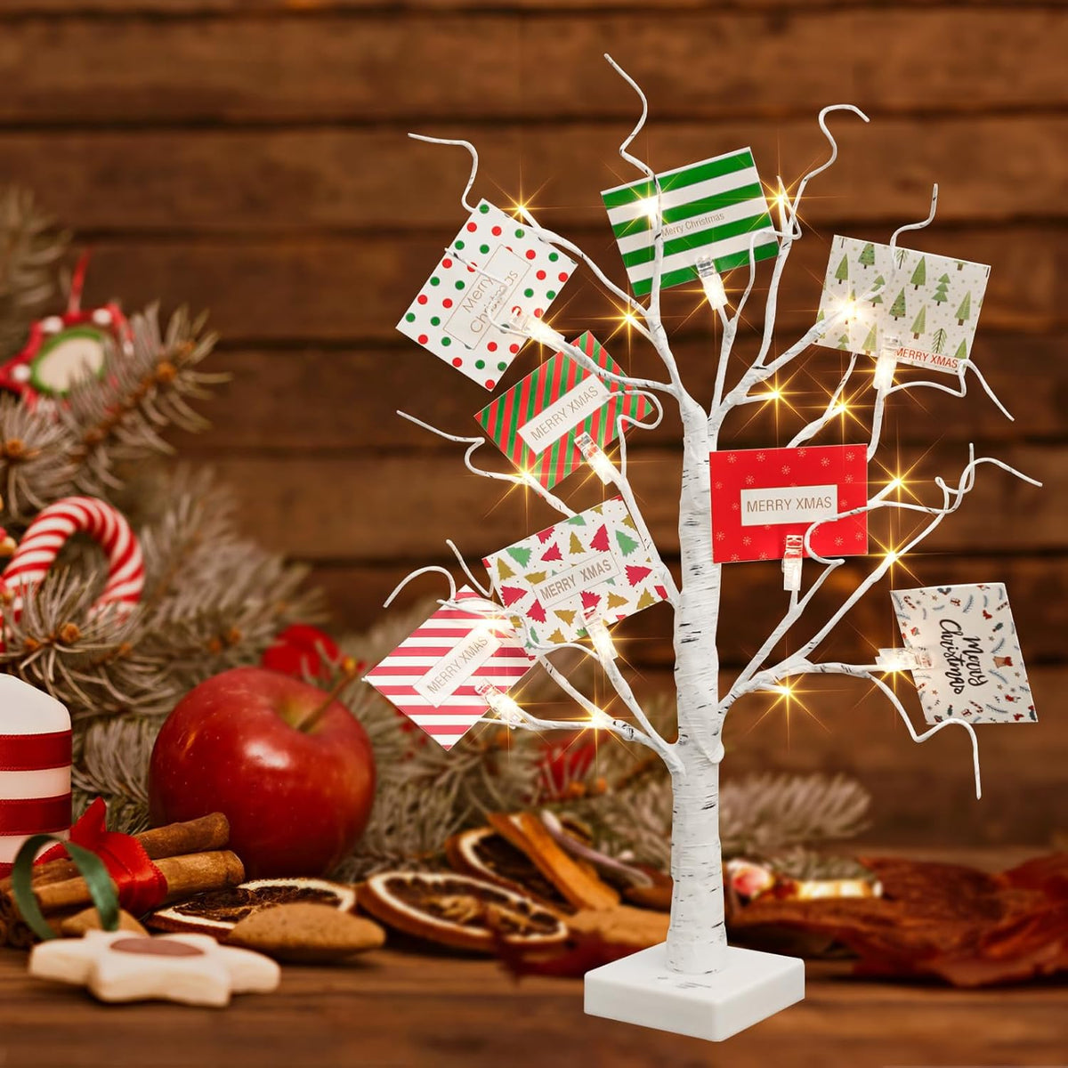 EAMBRITE Christmas Tree with Gift Cards, Money Tree Gift Holder, White Lighted Birch Tree Tabletop