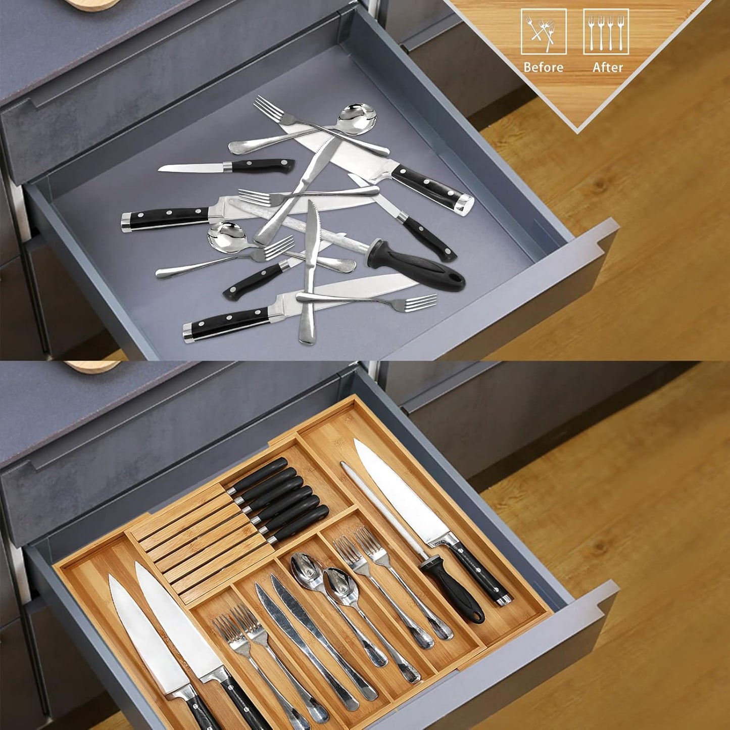 VaeFae Bamboo Silverware Drawer Organizer Kitchen, Expandable Utensil Organizer with Knife Block