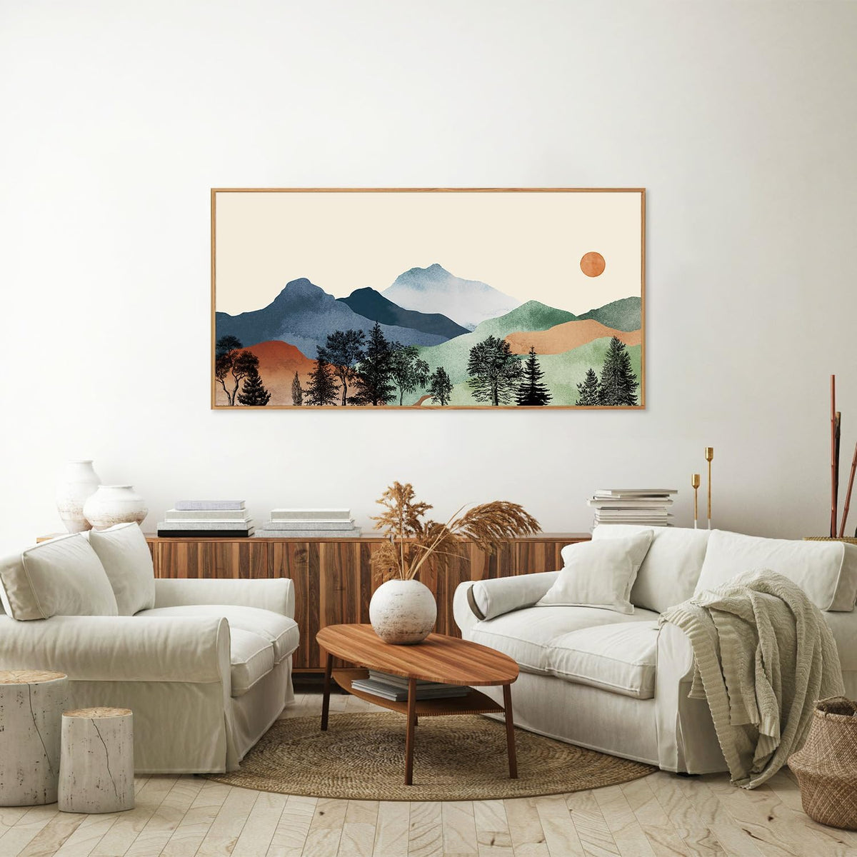 SIGNINART Large Boho Mountains Framed Canvas Wall Art, Watercolor Nature Landscape Art Prints