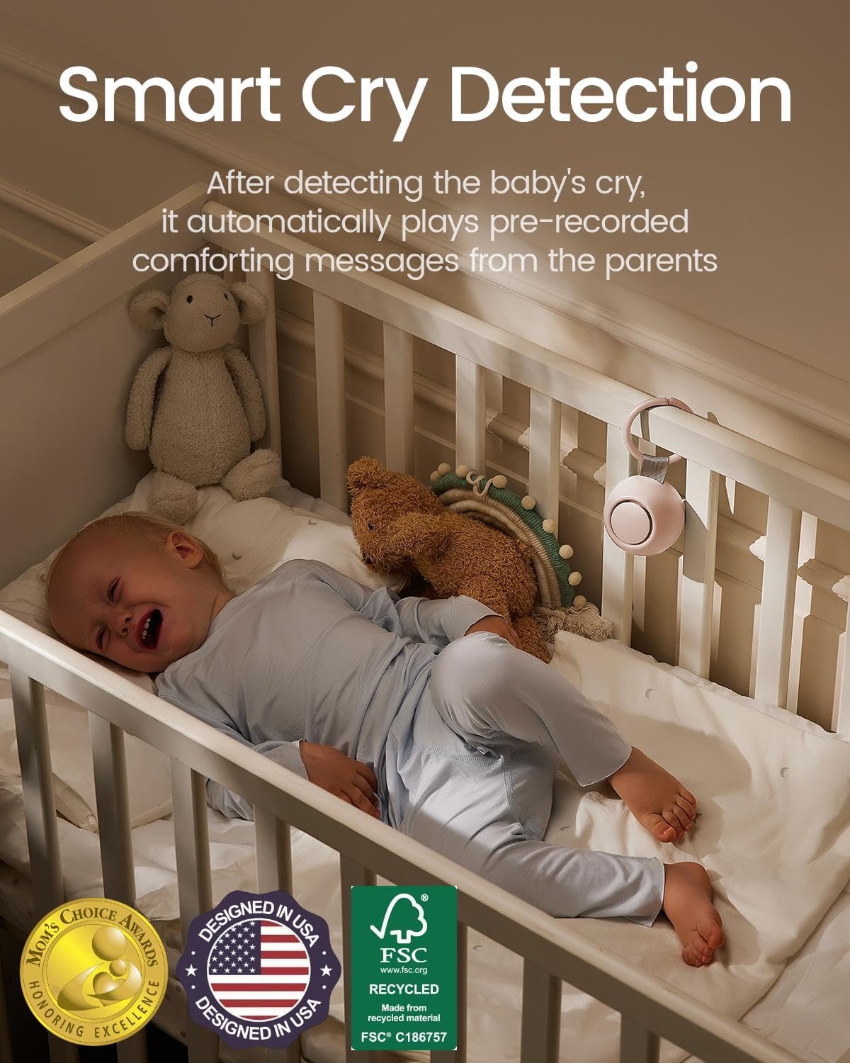 2025 Mom's Choice Awards, Portable Sound Machine for Baby Adult, AI Cry Detection, 18 Soothing