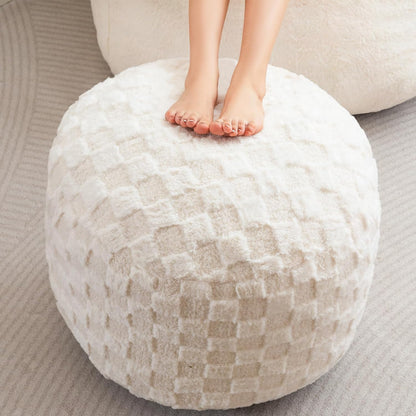HIGOGOGO Round Stuffed Pouf Ottoman, Plaid Poufs with Foam Chunk Filling, Fluffy and Furry Pouf