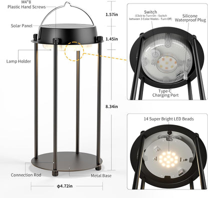 Solar Lanterns Outdoor Waterproof, LED Hanging Solar Lights for Outside, 3 Color Modes Dimmable