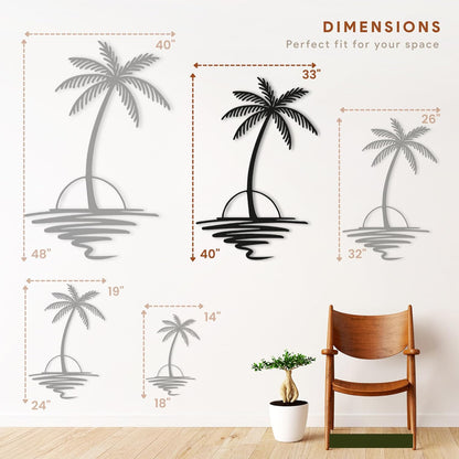 Metal Palm Tree with Sunset Wall Art, Large Outdoor Wall Decor, Tropical Beach Decor for Living
