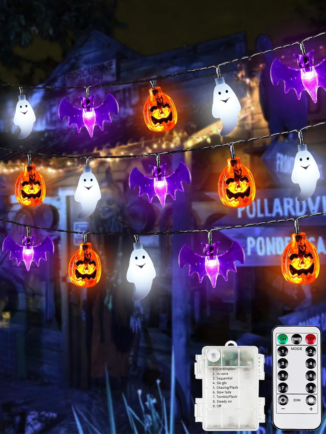 Halloween String Lights, 3D Pumpkin Bat Ghost Fairy Lights Battery Operated with Remote, 30LED