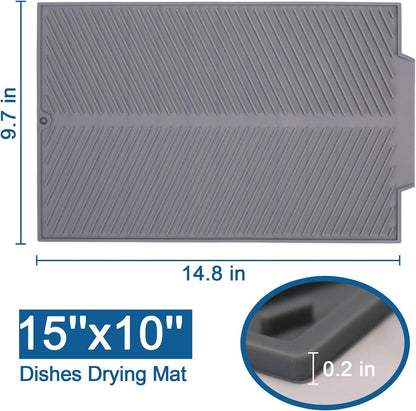 Silicone Dish Drying Mat for Kitchen Counter, 15''x 10'' Drying Mat with Drain Lip, Non-Slip Dish