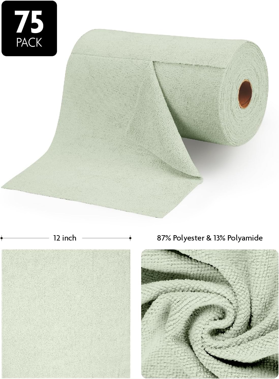 Fantasticlean Microfiber Cleaning Cloth Roll -75 Pack, Tear Away Microfiber Towels, 12" x 12"