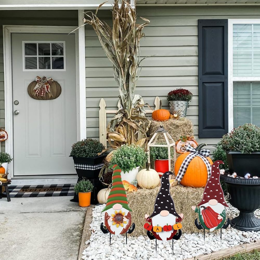 YEAHOME Fall Decorations for Home Outdoor, 3 Pack Gnomes Decorative Garden Stakes for Fall Decor