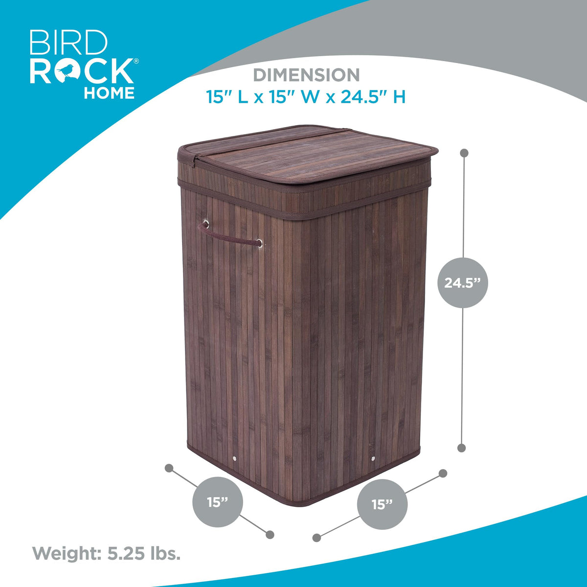 BirdRock Home Square Laundry Hamper with Lid and Cloth Liner | Bamboo | Espresso | Easily Transport