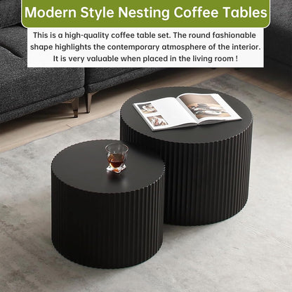 Round Nesting Coffee Table Modern Black Fluted Coffee Table Set of 2 for Living Room Circle Drum
