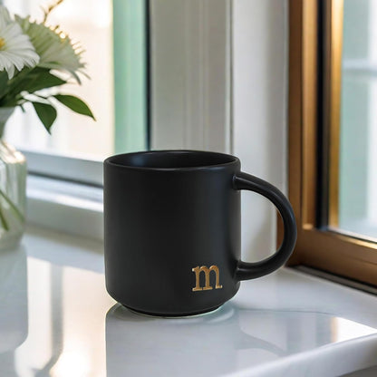 COLLECTIVE HOME - Black Monogram Ceramic Mugs, 15 oz Golden Initial Coffee Cups, Elegant Alphabet