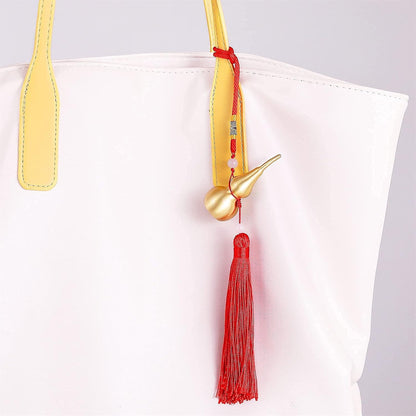 Feng Shui Brass Wu Lou Golden Gourd with Red Luck Strip Treasure Pendant for Bedroom,Car Hanging
