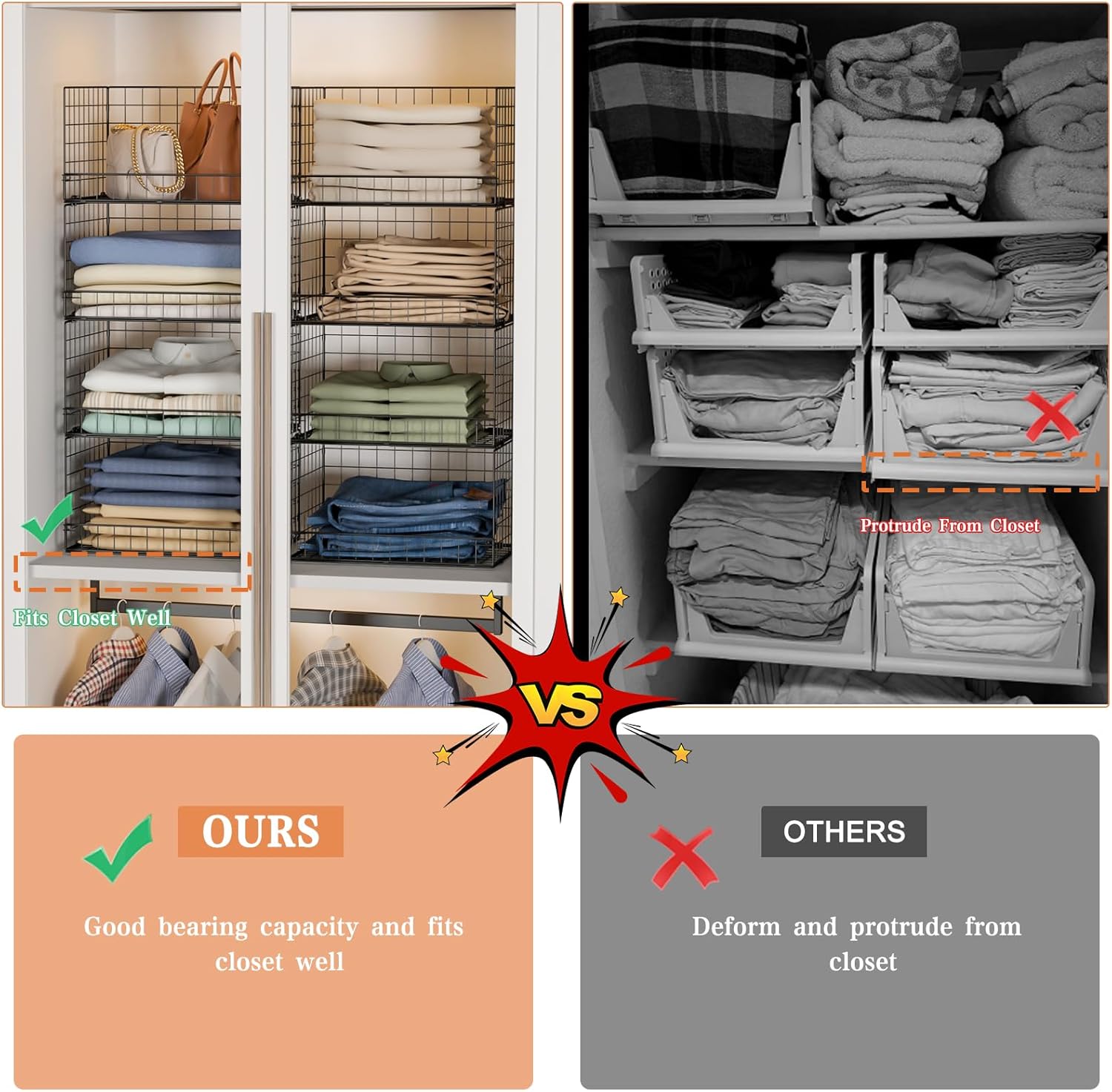 4-Tier Stackable Closet Organizers and Storage Shelves, Clothes Shelf Organizer Basket Bins