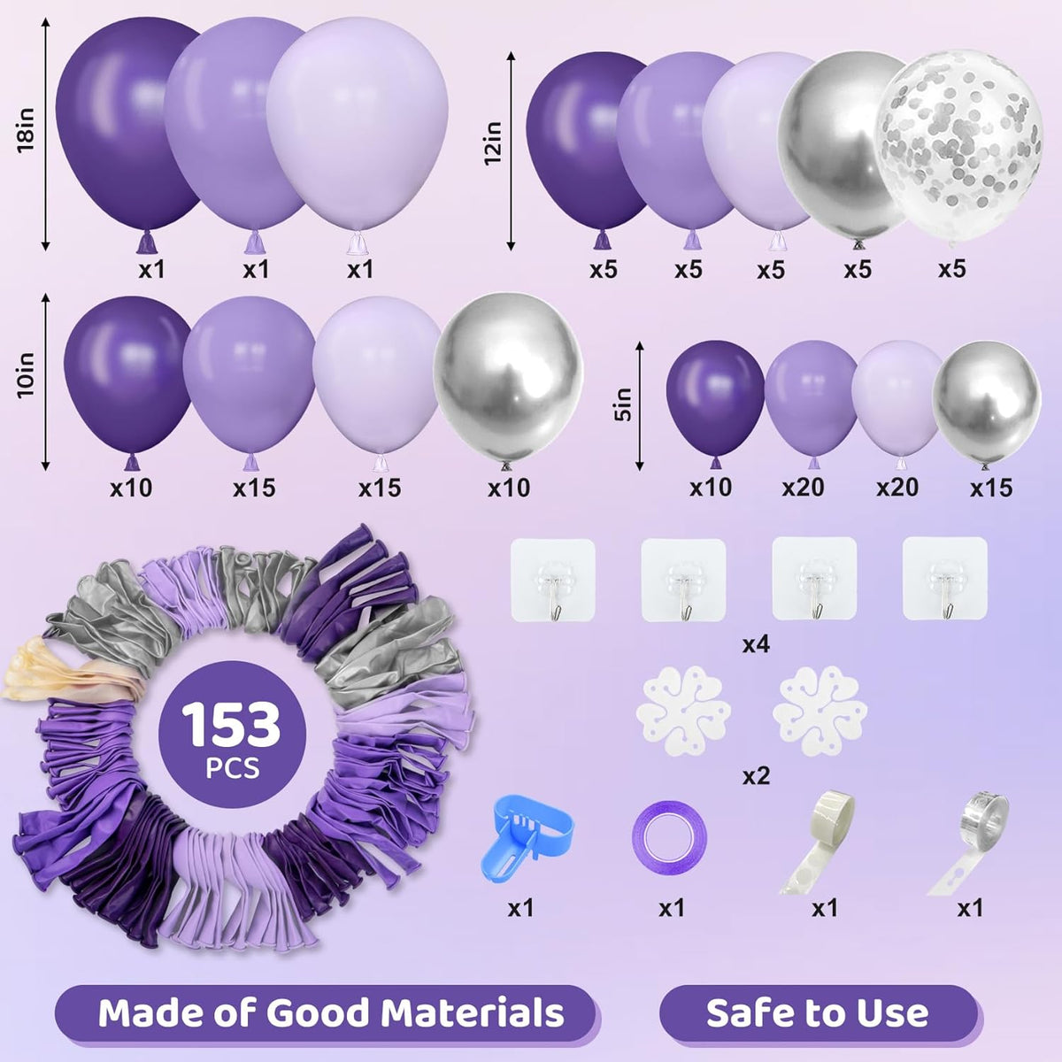 Amandir 153pcs Purple Balloon Garland Arch Kit, Different Sizes 18 12 10 5 inch Lavender Latex