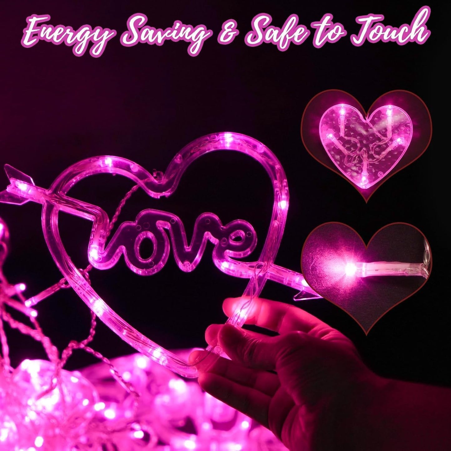 Valentines Day Decor, 138LED Love Heart Curtain Lights with Remote 8 Modes for Bedroom, USB and