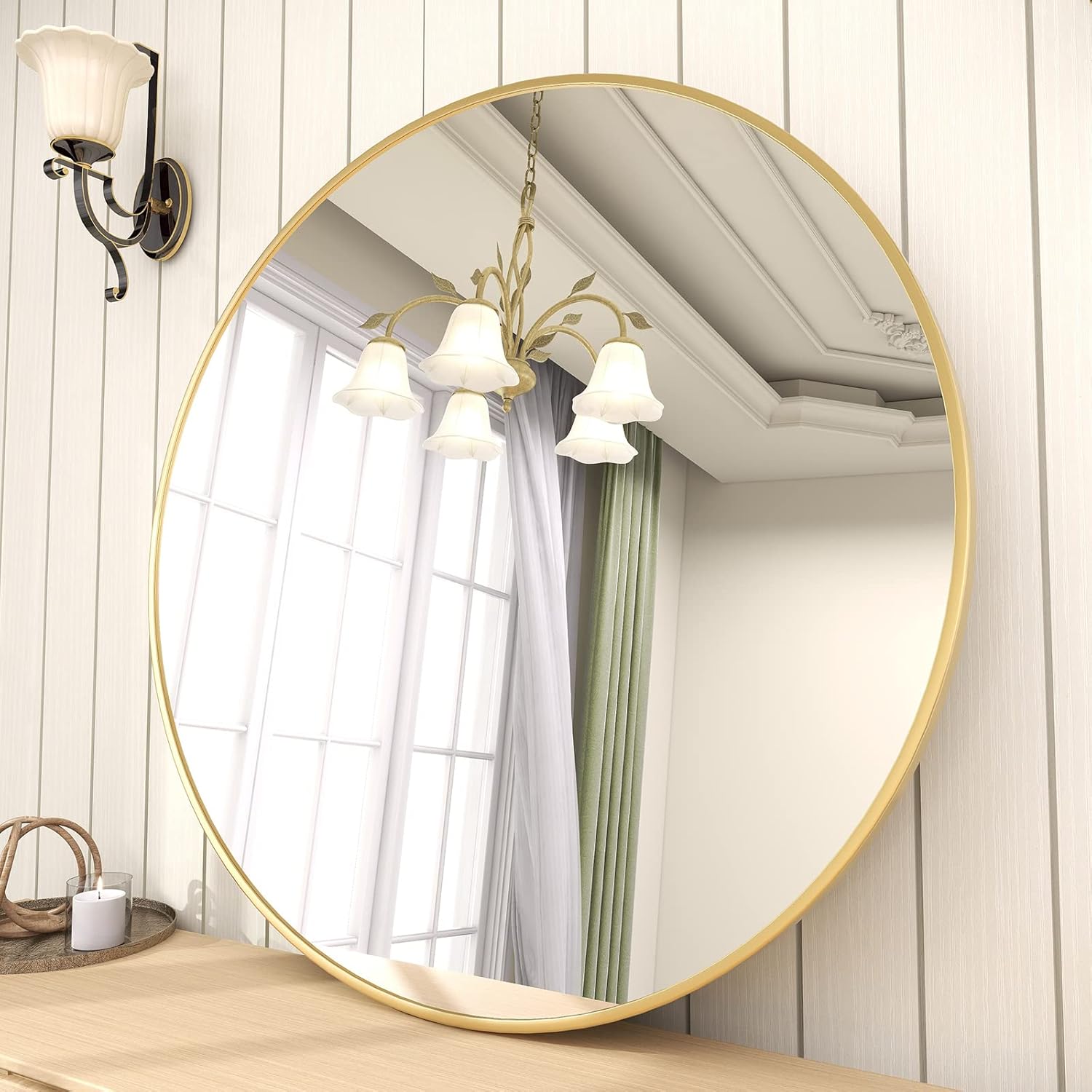 BEAUTYPEAK 24 Inch Round Mirror, Metal Frame Circle Mirror, Wall Mounted for Entryway, Bathroom