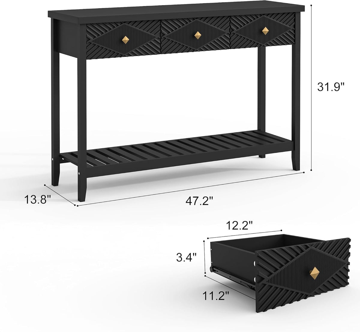 47" Console Table with 3 Drawers, Fluted Narrow Long Entryway Table with Storage Shelf, Accent