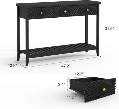 47" Console Table with 3 Drawers, Fluted Narrow Long Entryway Table with Storage Shelf, Accent