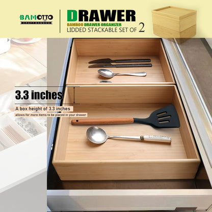 Stackable Bamboo Drawer Organizer Set – 2 Boxes with 1 Lid | Wood-Laminated Trays for Kitchen