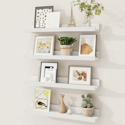 Picture Ledge Shelf, Solid Pine Wood Floating Shelves Set of 4, 16 Inches Nursery Book Shelves for