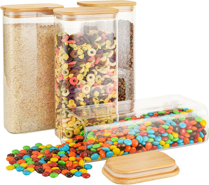 64oz Rectangle Airtight Glass Storage Containers with Bamboo Lids (Set of 4), Square Food Storage