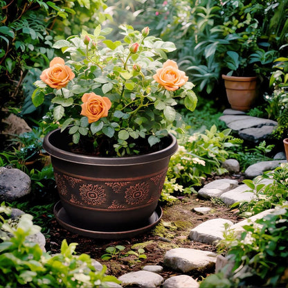 4 Pack 12 inch Plant Pots, Retro Pattern Planters with Drainage Holes and Saucer, Sturdy Plastic