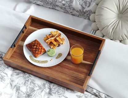 Acacia Wood Serving Tray with Metal Handles,17x12in Ottoman Decorative Trays Platter for Coffee