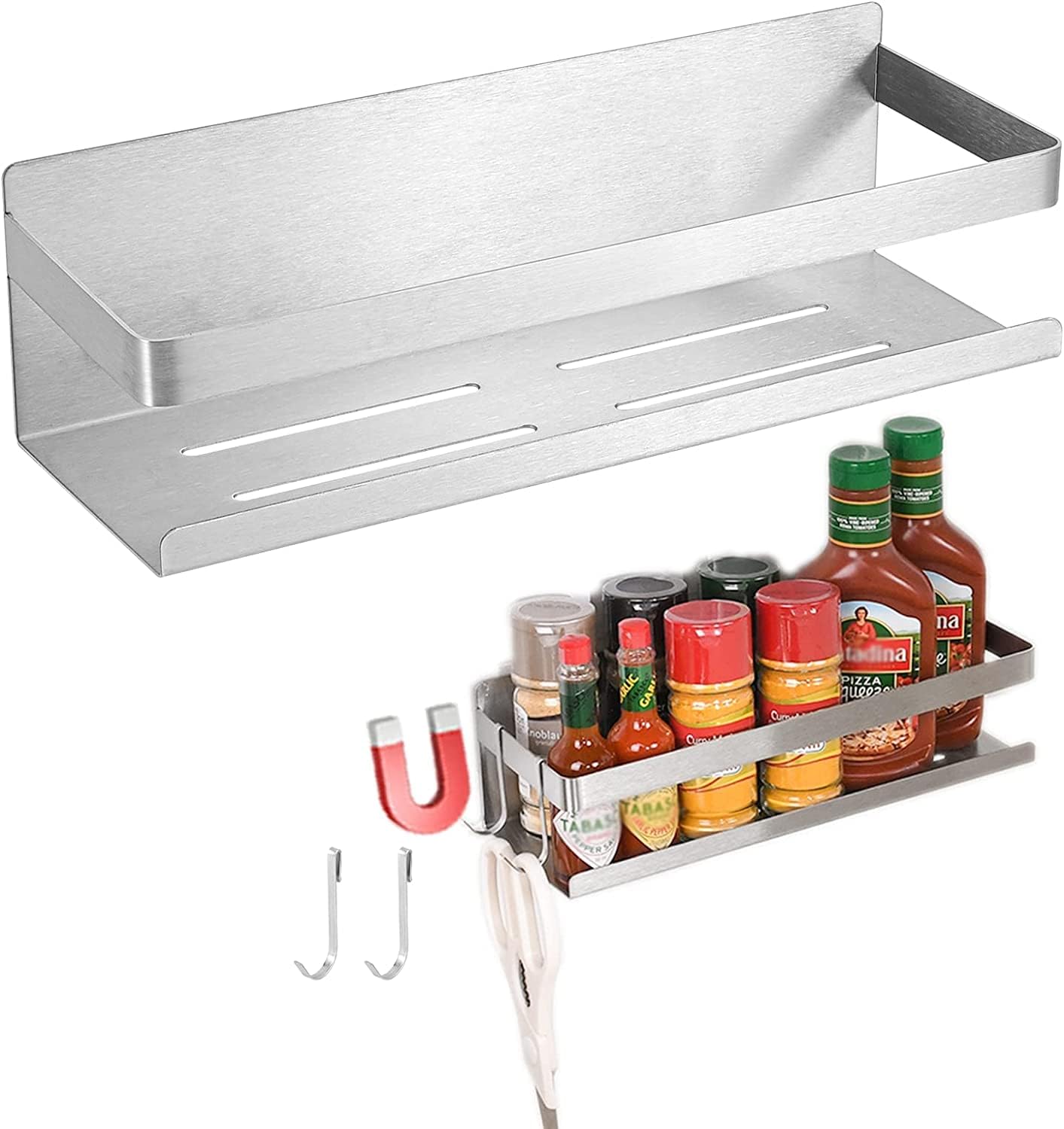 Magnetic Spice Rack for Refrigerator Spice Organizer, Strong Magnetic Shelf with 2 Removable Hooks