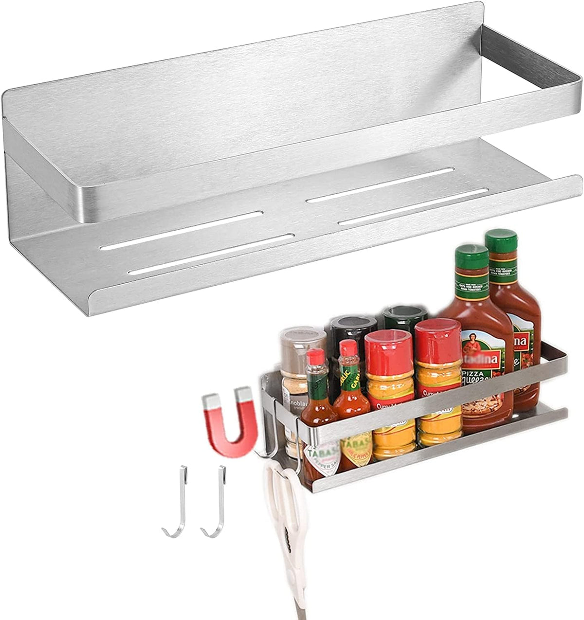 Magnetic Spice Rack for Refrigerator Spice Organizer, Strong Magnetic Shelf with 2 Removable Hooks