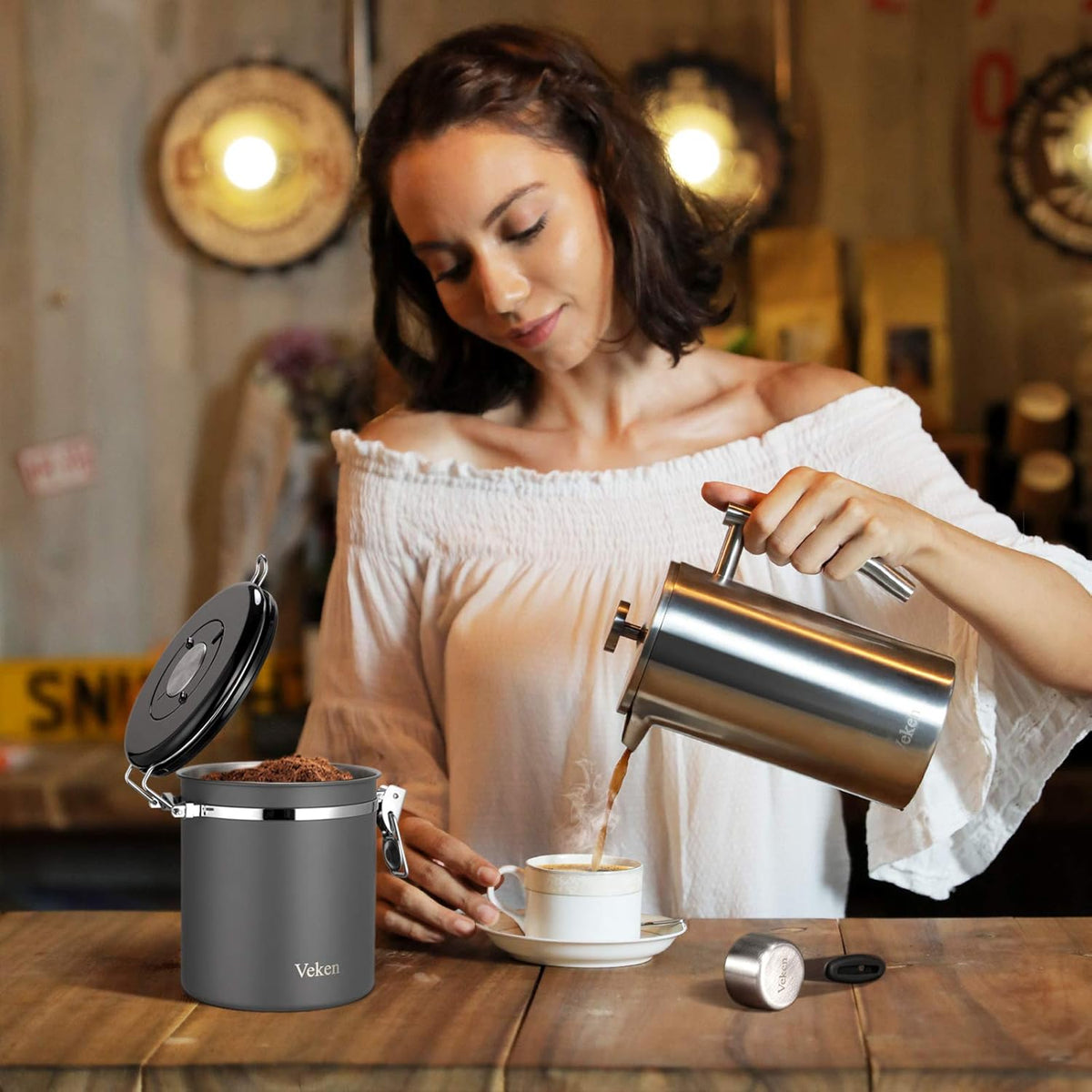 Veken Coffee Canister, Airtight Stainless Steel Kitchen Food Storage Container with Date Tracker