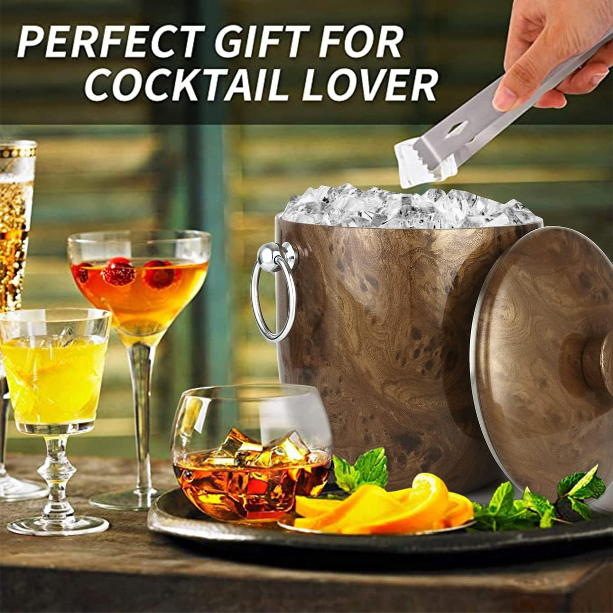Ice Bucket with Lid, Scoop, Tongs and Strainer - Well Made Insulated Stainless Steel Keep Ice