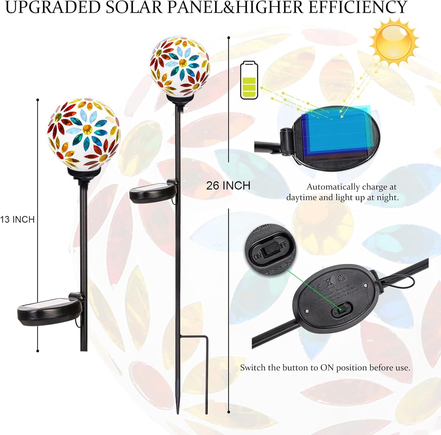 VCUTEKA Solar Garden Lights, Mosaic Solar Lights Outdoor Decor Pathway Light Waterpoof LED Stake