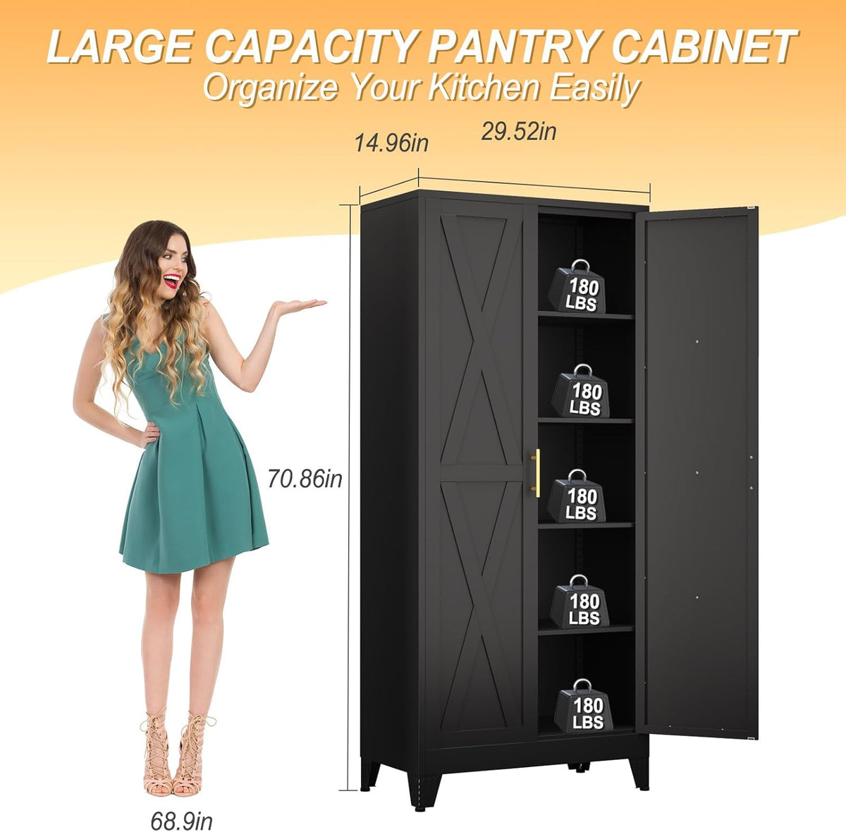 71" H Metal Kitchen Pantry Storage Cabinet, Freestanding Cupboard with 2 Doors and 4 Adjustable