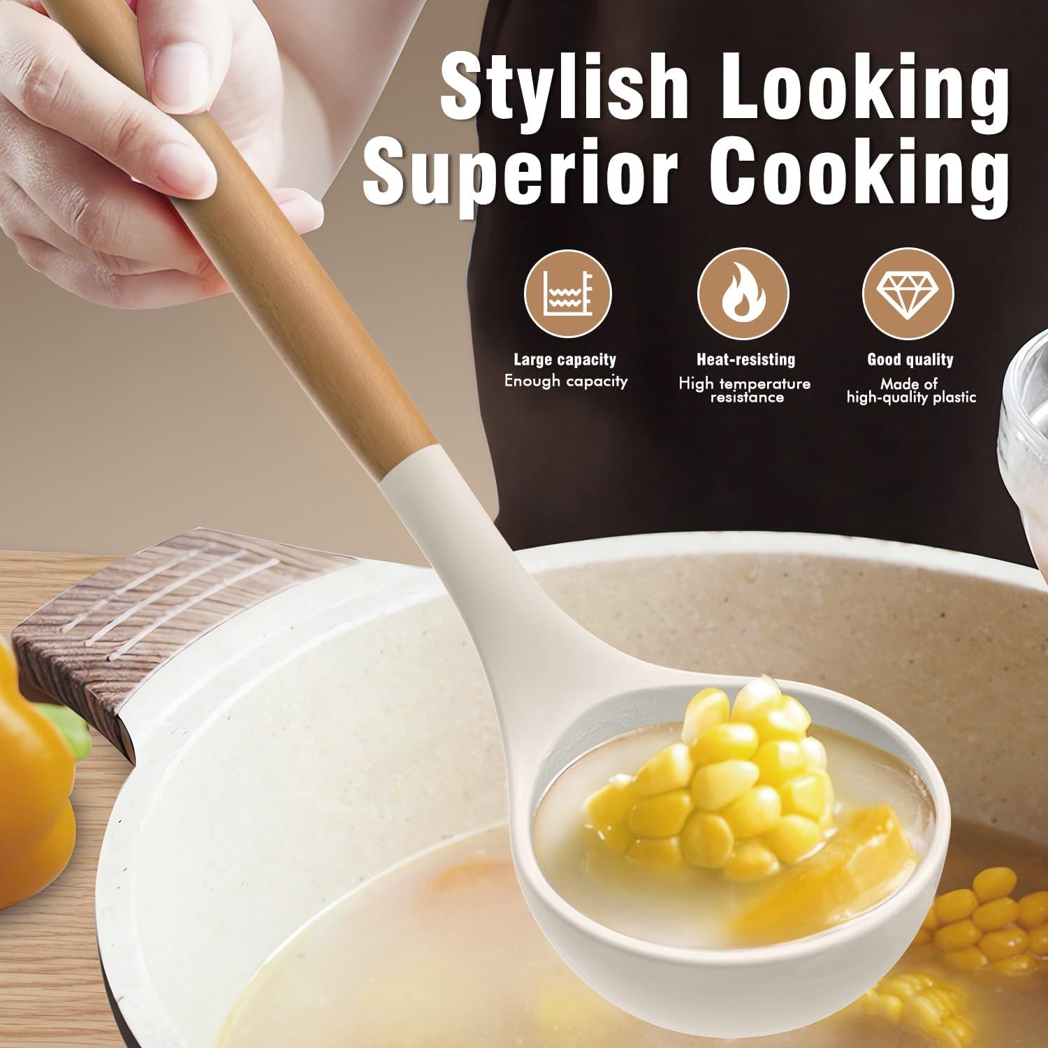 Silicone Cooking Utensils Set - Silicone Kitchen Utensils for Cooking Wooden Handles, 446°F Heat