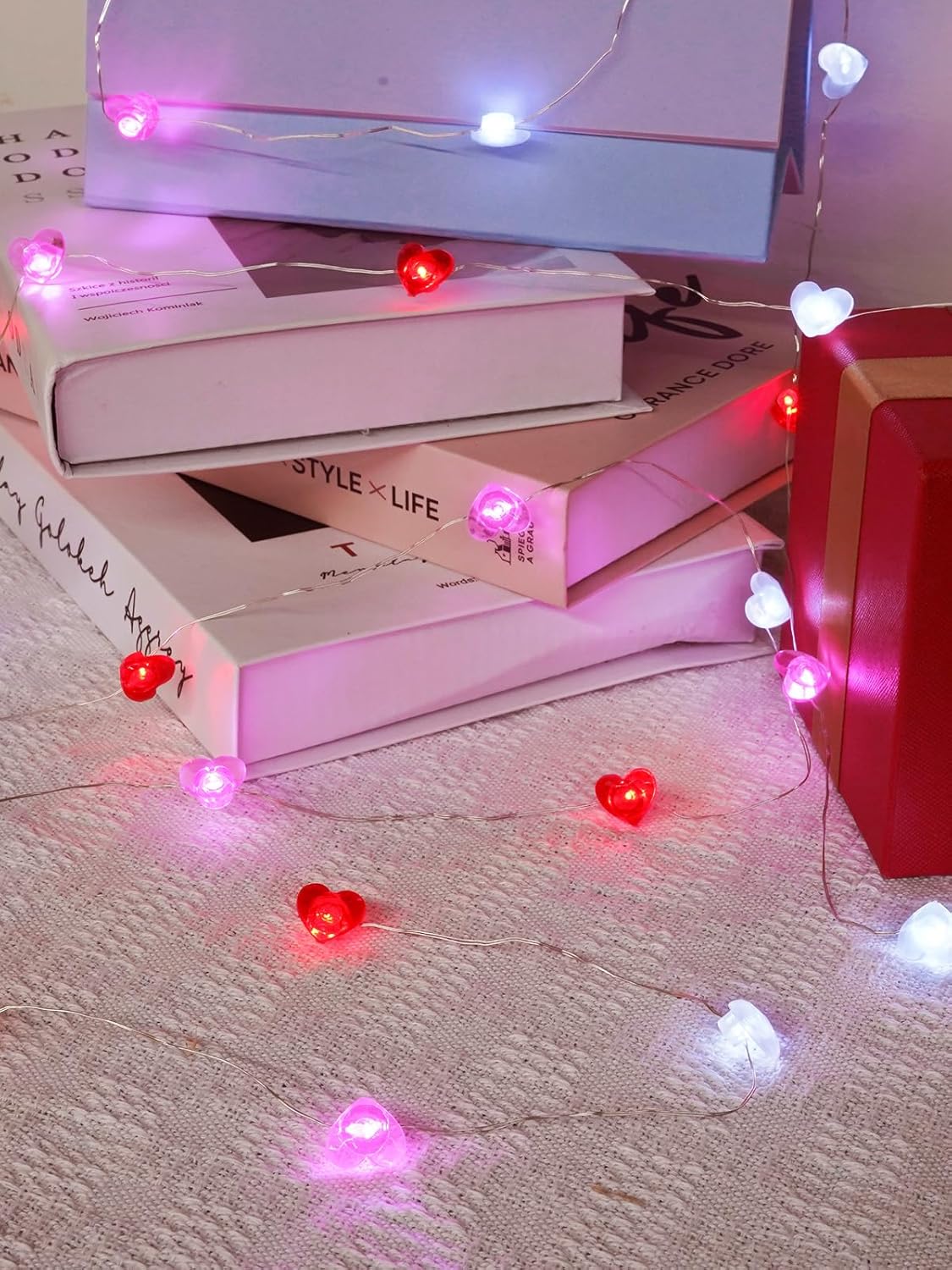 Red Pink White Heart Fairy Lights Battery Operated for Valentines Decor, 10FT 30 LED Battery String