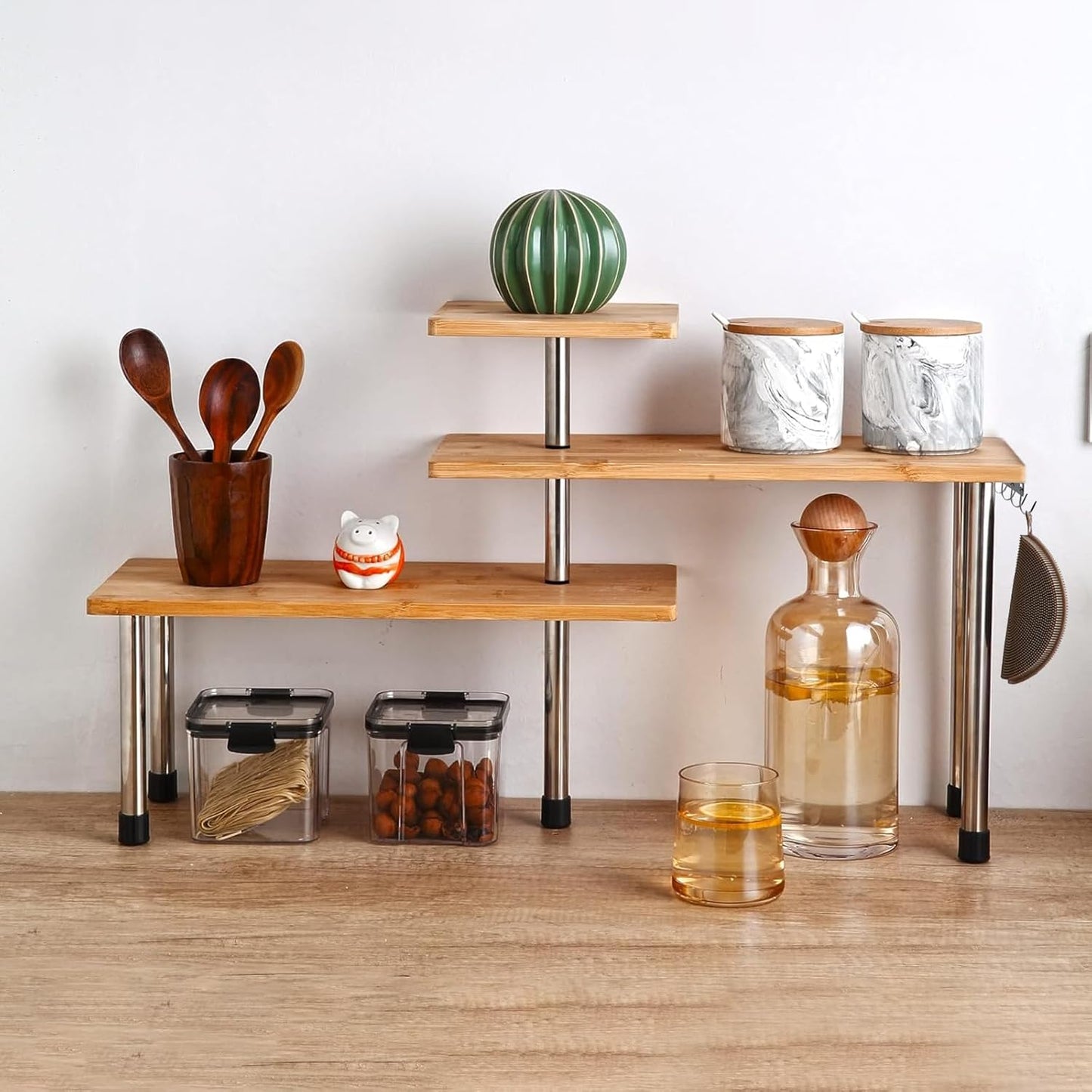 HYNAWIN Corner Shelf Bamboo & Metal Storage Spice Rack, 3 Tier Desk Bookshelf Display Shelves Space