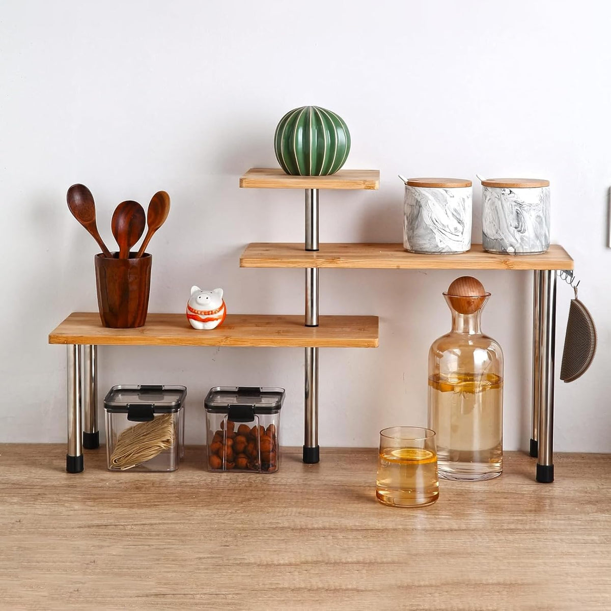 HYNAWIN Corner Shelf Bamboo & Metal Storage Spice Rack, 3 Tier Desk Bookshelf Display Shelves Space