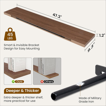 Fun Memories 48 Inch Deep Floating Shelves for Wall, 2 Pack of Long Wall Mounted Wood Shelves with