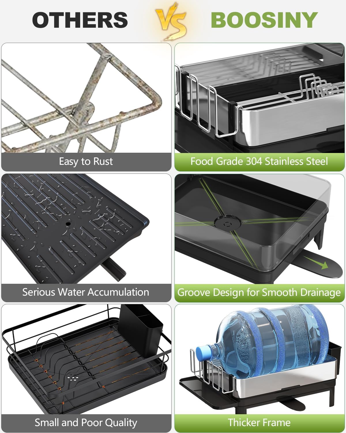 BOOSINY Stainless Steel Dish Drying Rack, Dish Racks for Kitchen Counter, Rust Proof Dish Drainer