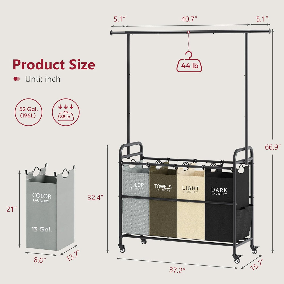 Tajsoon Laundry Sorter Cart with Hanging Clothes Rack, 4 Butler Sorter Basket Organizer, Laundry