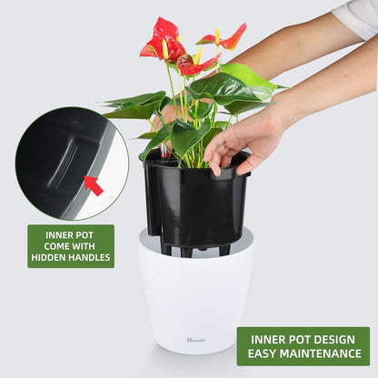 Dexceder 9x8 Inches High Gloss Self Watering Planter Indoor Outdoor, Inner Pot Design, Thickened