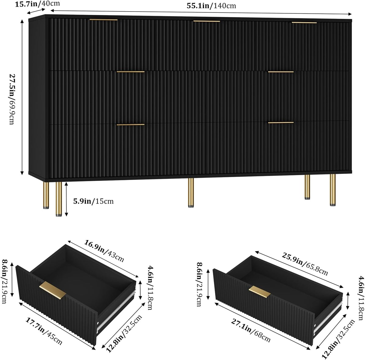 7 Drawers Dresser for Bedroom, Fluted Dresser Chest of Drawers with Gold Handle, Wood Modern